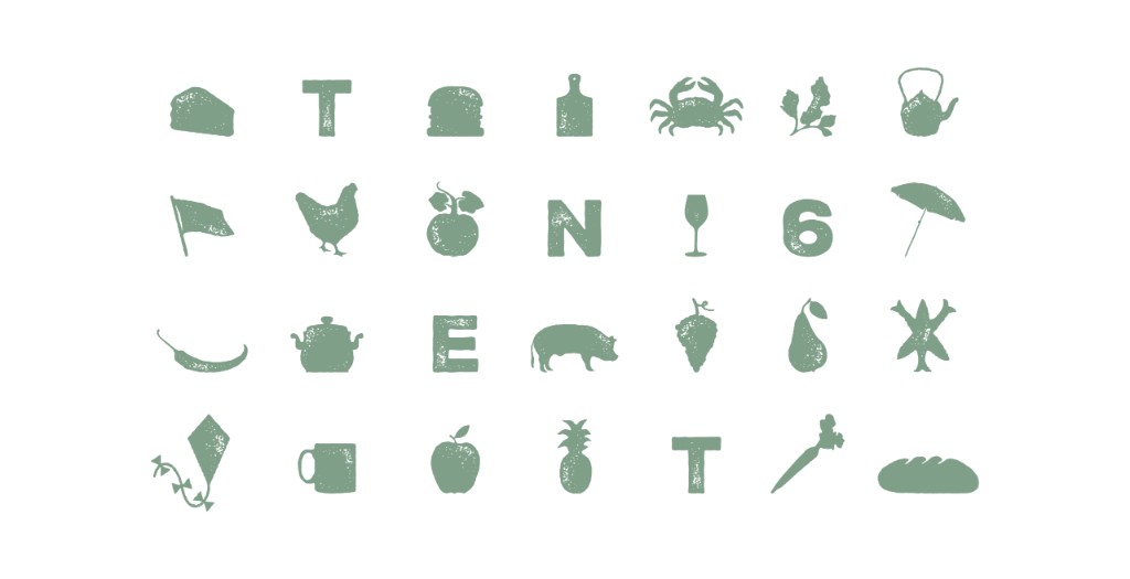 Stamp-illustraties van Tent 6: eten, strand en de letters T E N T 6